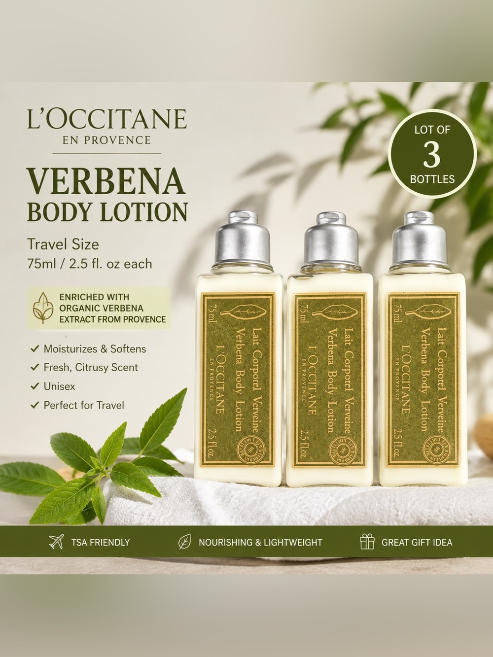 L'Occitane Verbena Body Lotion - Travel Size (75ml) - Lot of 3